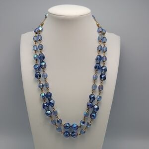 Vintage Blue Aurora Borealis Glass Bead Double Strand Necklace Rhinestone Spacer